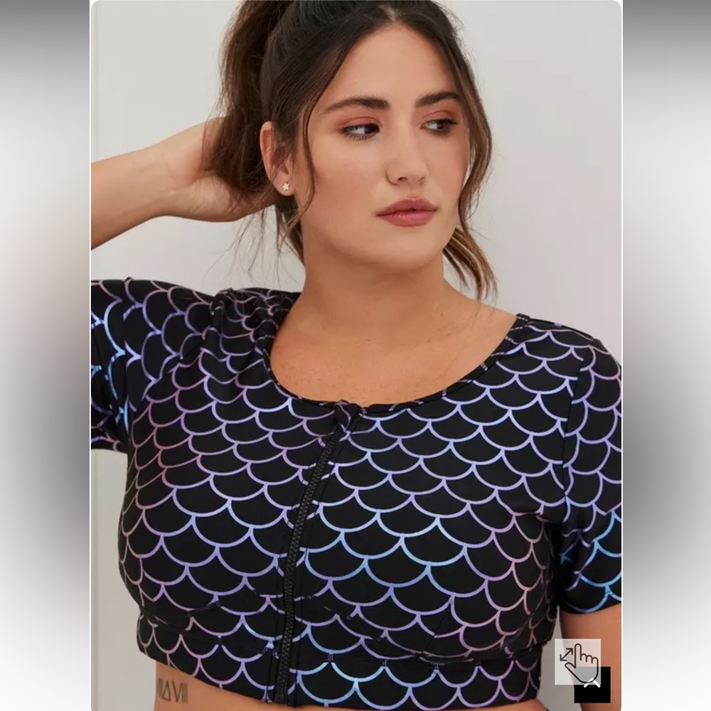 Iridescent Mermaid Zip Front Short Sleeve Active Swim Top